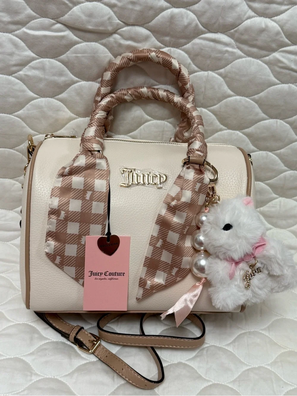 Juicy Couture Cream Satchel with Pink-Tan Scarf and Charm